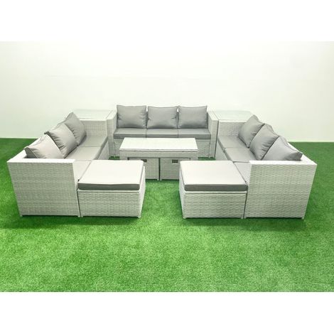 Fimous Outdoor Rattan Garden Furniture Set with Grey Cushions Luxury 13 Seater with Coffee Table and 2 Side Tables For Conservatory,Patio
