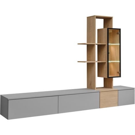 Ensemble meuble TV mural Leo avec vitrine et éclairage LED - Bois MDF gris arctique et chêne Cremona - 240 x 160 x 40 cm - Livraison gratuite (1/5)