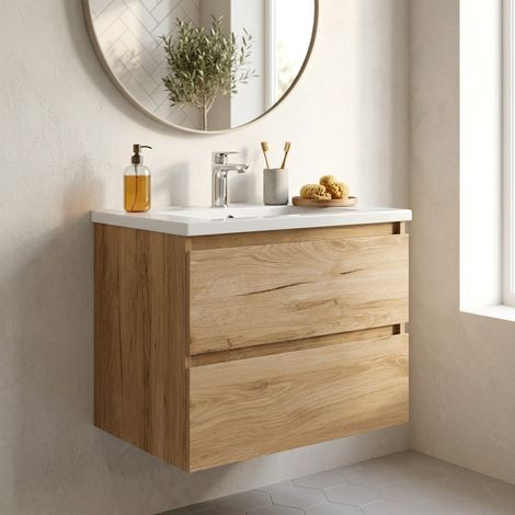 B-Way 59x50x45 cm mobile bagno sospeso 2 cassetti con lavabo in marmo colato, rovere opaco (BWAY260OAKU) (1/5)
