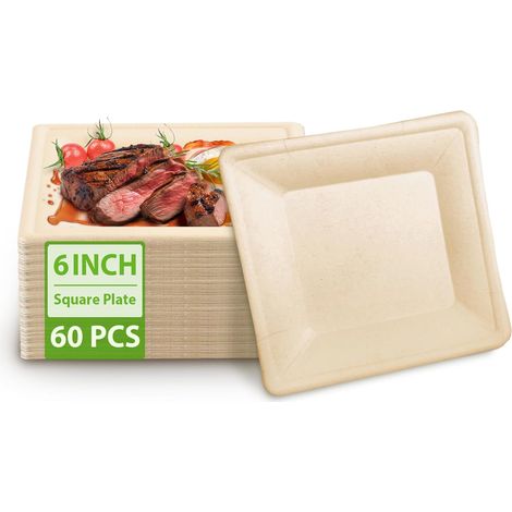 Assiettes jetables en carton écologiques de 15 cm, lot de 60, imperméables, résistantes à l'huile, résistantes au micro-ondes, 100% biodégradables, assiettes carrées compostables pour pique-nique (1/5)