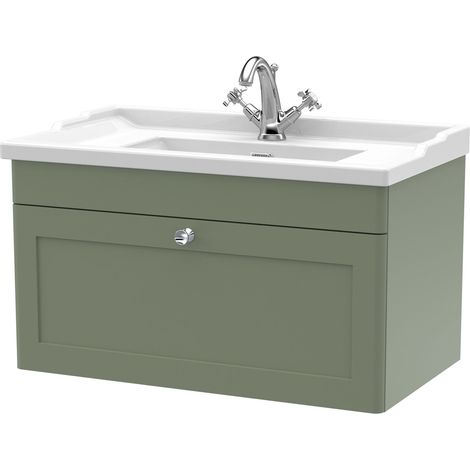 Nuie Classique Satin Green 800mm Wall Hung Single Drawer Vanity Unit and 35mm Profile Traditional Basin - CLC896F (1/5)