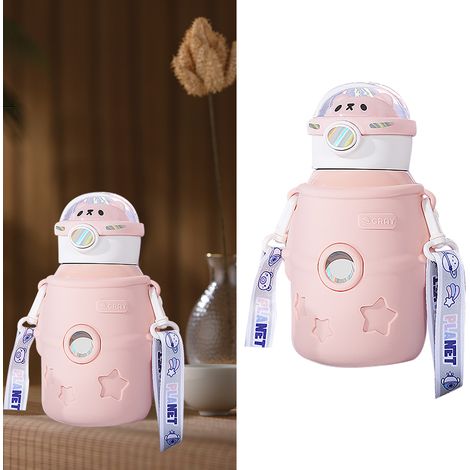Mug isotherme en acier inoxydable 500 ml avec couvercle et paille, gourde pour enfant rose (1/5)