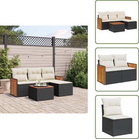 The Living Store 5-tlg. Garten-Sofagarnitur mit Kissen Schwarz Poly Rattan - Gartenmöbel Set - Rattan Möbel - Outdoor Lounge - Esstisch - Sofasitzgruppe