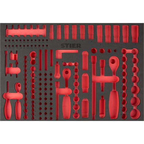STIER Weichschaumeinlage (EVA) für Steckschlüssel-Satz 179-teilig, leer, für Werkbank und Werkstattwagen, 570 x 400 x 30 mm, mit eingefrästen Schnellfinder-Labels