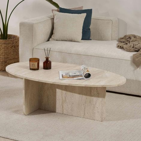 Pier Import – Table basse fixe ovale effet travertin 120x65cm – Pied en T MDF 18mm – Résistante aux rayures et facile d'entretien (1/5)