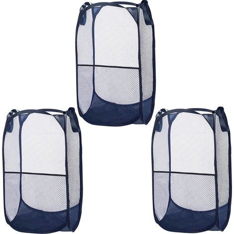 3 Pack Blue Mesh Collapsible Laundry Basket - Foldable, Durable, Easy Open Dirty Clothes Bin with Handles for Clothes, Laundry and Kids Toys