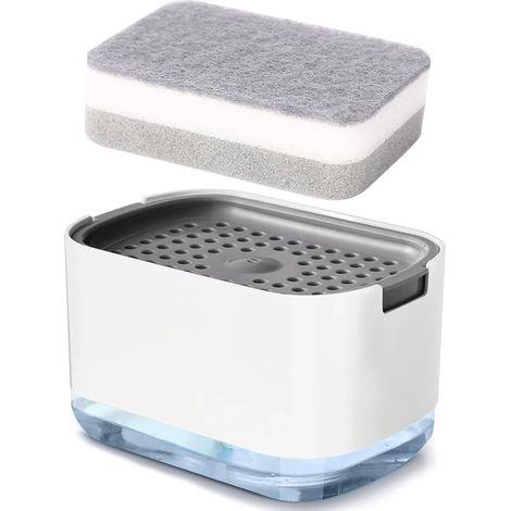Dispensador de jabón 2 en 1, con bomba y soporte para esponja, y dispensador de detergente recargable (blanco). (1/5)