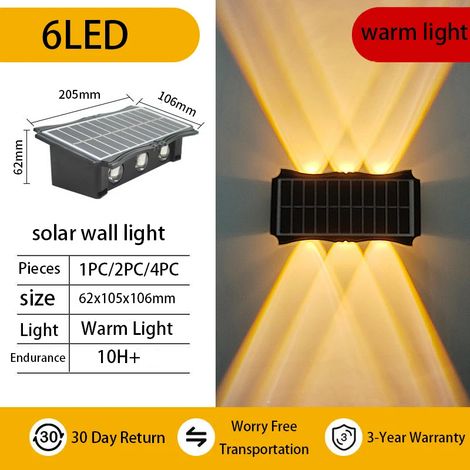 (1 lampe solaire murale extérieure à 6 LED, lumière chaude, étanche, éclairage vers le haut et vers le bas, pour balcon, cour ou jardin). Décoration murale extérieure. (1/5)