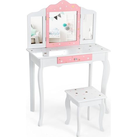 COSTWAY Kinder Schminktisch mit Hocker, Prinzessin Frisiertisch mit Schublade & 3-Fach klappbarer Spiegel, Frisierkommode rosa weiss, Schminkkommode für Maedchen (1/5)