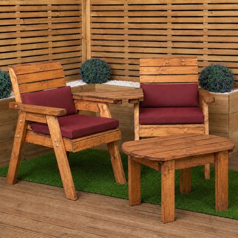 2 Seater Wooden Love Seat With Tray, Coffee Table & Burgundy Cushions (1/5)