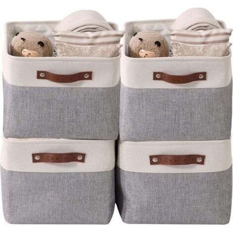 paniers de rangement pliables en tissu cationique robuste et pliable avec poignées pour étagère pour chambre d'enfant ou penderie (Gris et blanc, Large - 4 Pack) (1/5)
