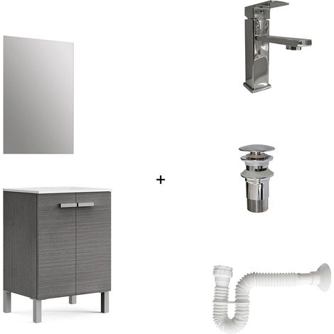 Pack solution complète comprenant : meuble de salle de bain, lavabo en céramique, robinet, siphon extensible et vanne de vidange. Meuble assemblé. Livraison tout en un. avec miroir 60 cm cendre (1/5)