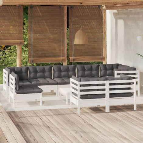 Salon de jardin 10 pcs Ensemble Table et Chaise de Jardin - avec coussins Blanc Bois de pin massif BV932331 - BonneVie (1/5)