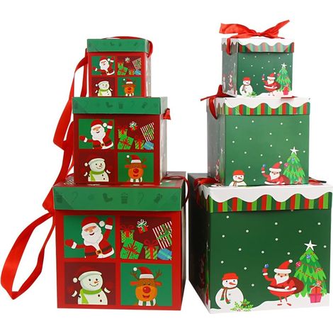 Autre décoration pour Noël，Boîtes cadeaux de Noël gigognes - 6 tailles assorties - Pliables - Avec ruban - Pour fête de Noël
