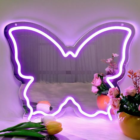 Miroir Néon en Forme de Papillon : Luminosité Réglable Fait Office à la Fois de Miroir Mural et de Cadeau d'Anniversaire pour Adolescentes Alimentation USB (1/5)