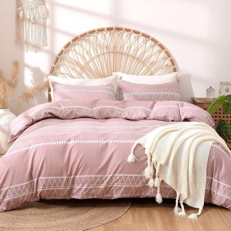 Parure de lit 135 x 200 cm en microfibre rose avec housse de couette à rayures, douillette, respirante, pour chambre moderne avec fermeture éclair et taie d'oreiller de 80 x 80 (1/5)
