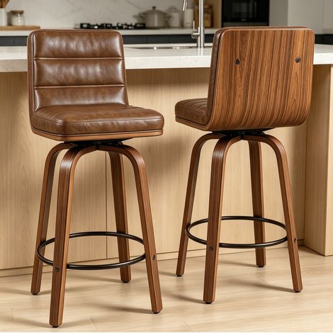MEUBLIV Sgabello da bar girevole marrone rosso con seduta in PU e gambe in legno (1/5)