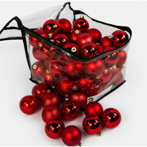 Lot de 60 boules de Noël 6cm Rouges (15 brillantes,15 mates,15 texturées,15 opalines) avec sac de rangement (1/5)