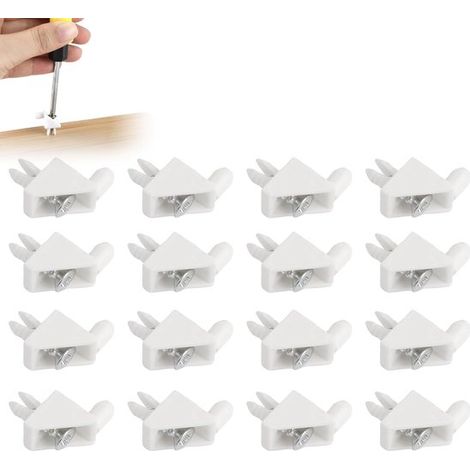 Estantería de 16 piezas: soporte para armario, estante inferior, soporte de plástico para estantes, cuñas para cajones con tornillos para fijar los estantes de los cajones que se comban. Color blanco. (1/5)