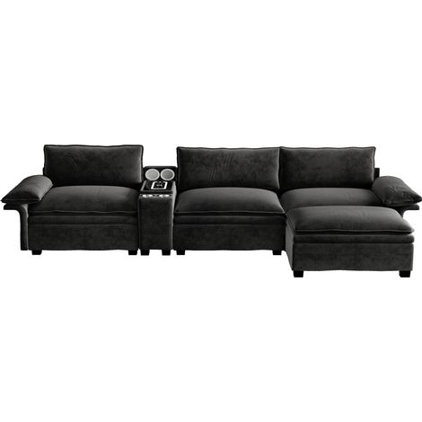 Sofá modular en L 315 cm de chenilla negro con almacenamiento y carga inalámbrica (1/5)