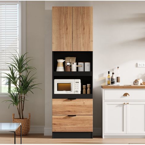 MODFU – Armario de cocina 60x45x200 cm de MDF con armario, 2 estantes abiertos, 2 cajones, antivuelco y carga 60 kg para cocina, salón o baño – Negro (1/5)
