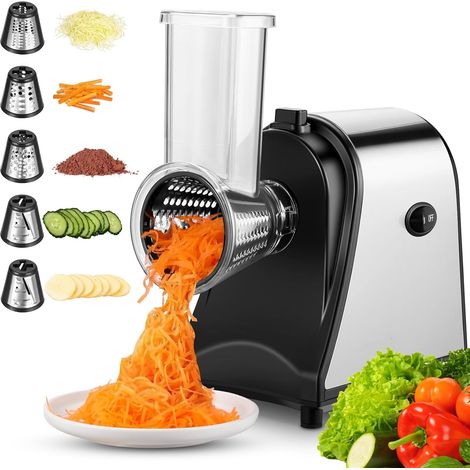 Coupe-Légumes Électrique en Acier Inoxydable, Râpe à Fromage Électrique 250W, Robot Multifonction avec 5 Lames pour Pommes de Terre, Carottes et Oignons (1/4)