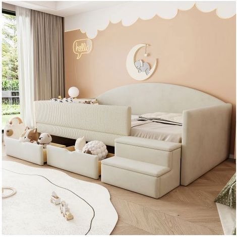Lit Rembourré Enfant 90x190cm avec 2 Tiroirs et Escaliers - Lit Enfant - Design Sécurisé, Velours Doux, Canapé-lit Beige pour Filles (1/5)