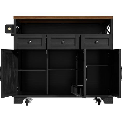 Isola cucina nera 118 x 43 x 98 cm con ruote, vani portaoggetti e portasciugamani (1/5)