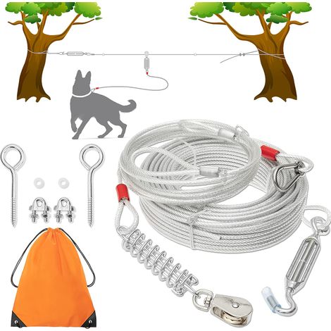 Câble d'attache pour Chien – Câble Robuste et Anti-Mastication avec Ressort Tampon pour Chiens de Petite, Moyenne et Grande Taille – 30,5 m de Long – Câble de Course à Pied de 3 m de Long pour