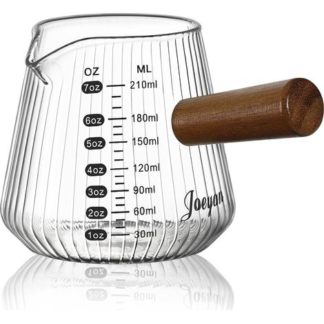 210ml Verre Doseur à Expresso, 7oz Borosilicate Pichet Doseur Cuisine Style Origami, Transparent Tasse à Café Gradué, Pot à Lait avec Anse en Bois et Bec Verseur, Petite Gobelet Mesureur (1/5)