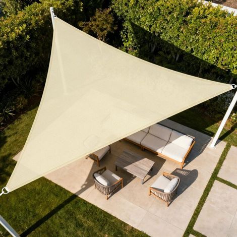 Voile d'ombrage triangulaire - pour la protection du jardin contre le soleil et la pluie - 1 pièce, beige/333M (avec 3 mousquetons) (1/4)