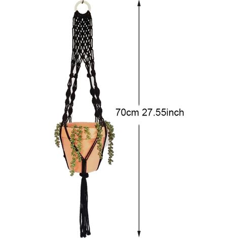 (Noir 70 cm) Porte-plantes bohème coloré en macramé, tissé à la main en 100 % coton, panier suspendu pour plantes d'intérieur, bonsaï, décoration intérieure (1/4)