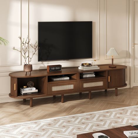 Table basse ovale avec rangements et portes coulissantes – Meuble multifonctionnel gain de place aux tons bois
