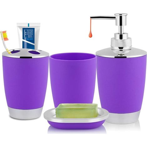 Ensemble d'Accessoires de Salle de Bain 4 Pièces, Accessoires de Salle de Bain en Plastique Comprenant Un Porte-Brosse à Dents, Un Gobelet à Brosse à Dents, Un Distributeur de SAVO (Violet) (1/5)
