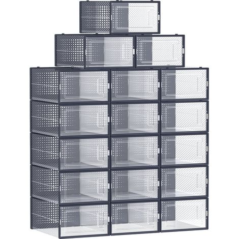 Songmics – Lot de 18 boîtes à chaussures transparentes – Empilables jusqu'à pointure 44 – Trous d’aération pour respirabilité – Dimensions extérieures 33,3 x 23 x 14 cm (1/5)