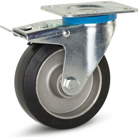 Roulette pivotante freinée - MESO - Caoutchouc élastique noir - 125mm - Platine - 300kg (1/2)