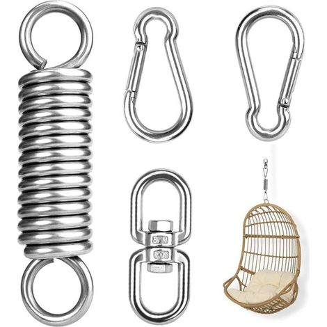 Molla di sospensione, gancio da soffitto, kit di sospensione per amaca con molla in acciaio, 2 moschettoni e gancio girevole a 360°, gancio per sedia a dondolo con molla per borsa