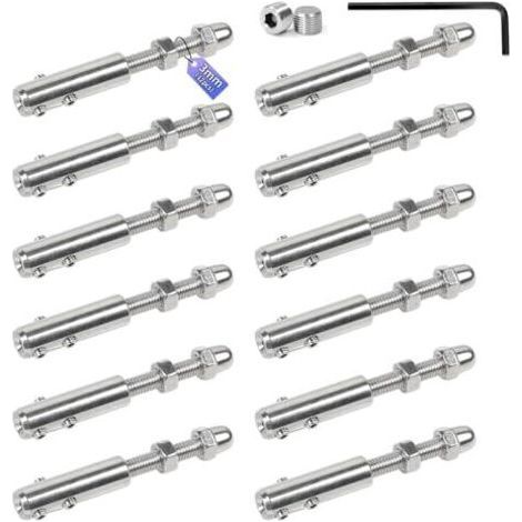 Lot de 12 Tendeurs pour câble 3 mm Serre-câble en inox avec tige filetée et clé Allen, Garniture tension robuste câbles acier, idéale les installations clôtures ou rambardes - (1/5)