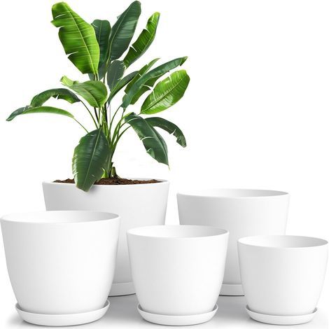 Set of 5 Flower Pots 18/17/15/13/12 cm Plantpot with Saucer for Kitchen, Balcony, Garden Plants, Nursery Flower Pots for Indoor White. (1/5)
