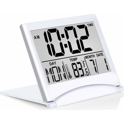 Digital Travel Alarm Clock, Folding Calendar, Temperature Timer, LCD Clock with Snooze Mode, Compact Display with Large Numbers, Battery Operated (Silver, No Backlight LOY (1/4)