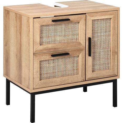 Armario de pie para baño boho frente de ratán trenzado 60 x 60 cm madera clara Rosell