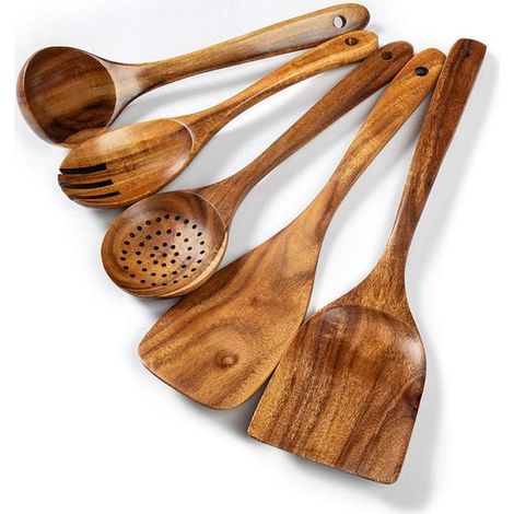 Set di utensili da cucina in legno di acacia, padelle antiaderenti, set da 5 pezzi, legno naturale. (1/5)