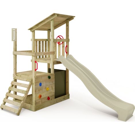 Fatmoose FruityForest Fun wooden play tower with slide and sandpit in sage green