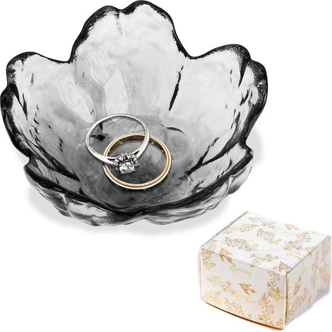 Vide Poche Verre - 1 Unité - Forme Fleur - Rangement Bijoux - Salon Chambre Bureau - 9x9x4 cm Gris Fumé (1/5)