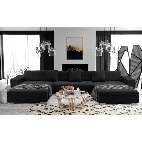 Tendencio – Canapé panoramique convertible ANIXE noir – 5 places – Revêtement tissu 100% polyester – Design moderne avec pieds chromés