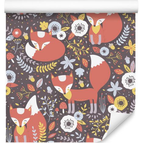 Papier peint Renards endormis avec des fleurs pour salon et chambre 50x1000 cm (1/5)
