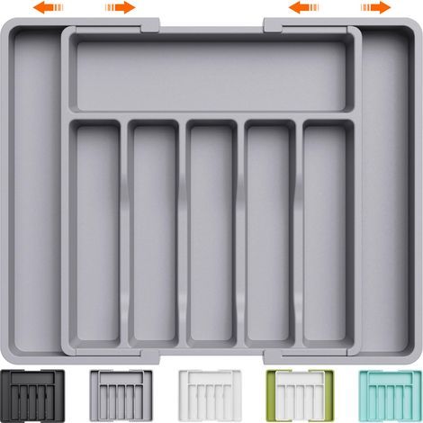 Range Couverts, Vassoio per Posate Estensibile per Cassetto, Organizzatore di Cassetti Regolabile per Cucina, Soluzione di Stoccaggio Compatta in Plastica per Contenere Cucchiai, Forchette, Grigio (1/5)