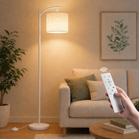 Lampadaire sur Pied LED Blanc à Arc avec Abat-Jour Tissu, Dimmable, Télécommande et interrupteur à pédale, 4 Couleurs 2700K-6500K, Moderne pour Salon Chambre Bureau (1/5)