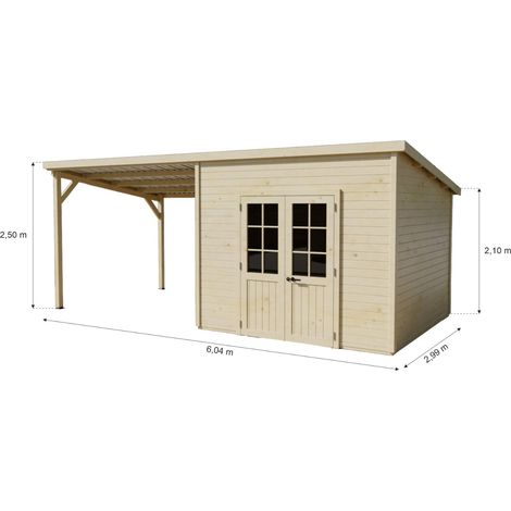 HABRITA Abri de jardin bois avec terrasse 18,06 m² - madriers 28 mm - toit monopente acier - double porte semi-vitrée