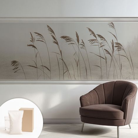 Papier peint intissé décoratif avec colle pour salon chambre et bureau Installation rapide Herbes dans la brume 250x104 cm (1/5)